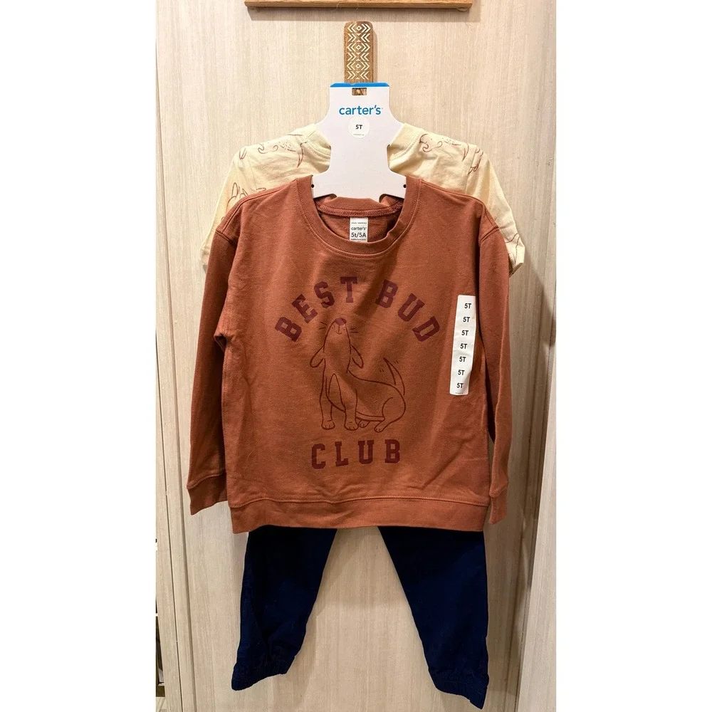 Carter's Toddler Boys 3-Piece Set Best Bud Club Sweatshirt T-Shirt Joggers 5T